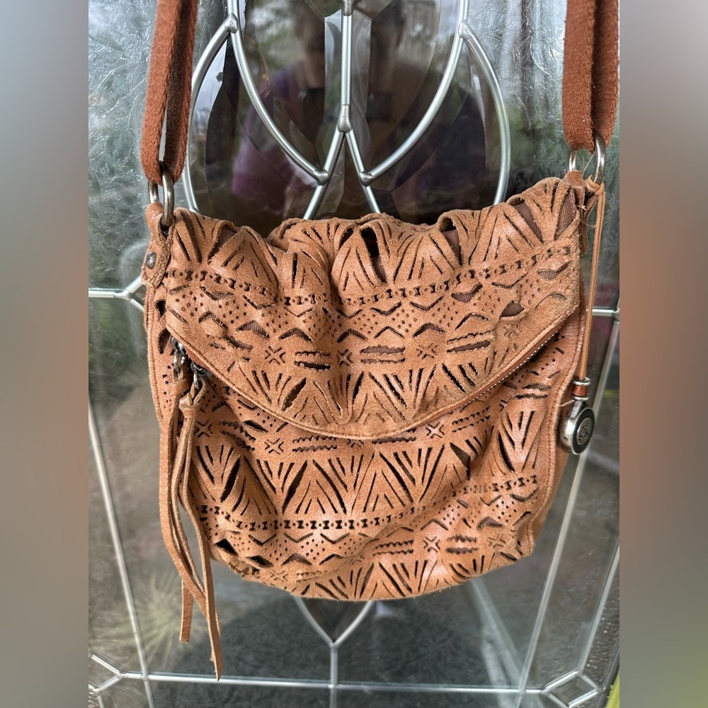 The Sak Adjustable Crossbody Brown Leather Laser Cutout Bohemian Purse - Picture 2 of 13
